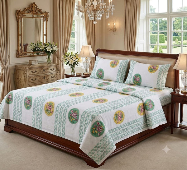 Handblock Cotton Bedsheet Set – Super King Size (108 × 108 Inches)