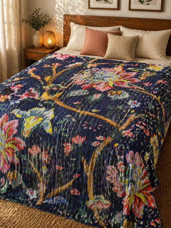 Luxury Handcrafted Pure Cotton Super King Kantha Bedcover