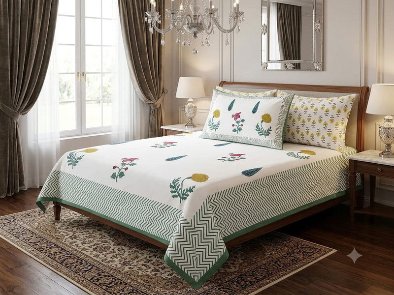 Handblock Cotton Bedsheet Set – Super King Size (108 × 108 Inches)