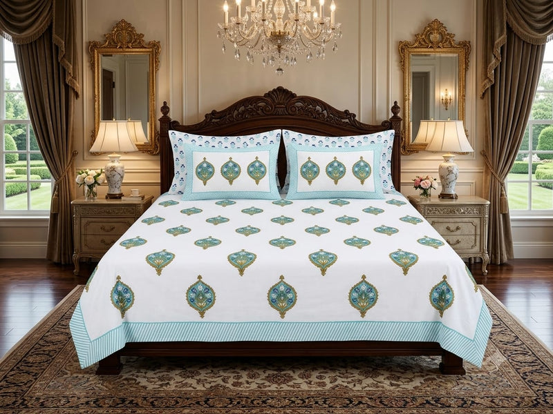 Handblock Cotton Bedsheet Set – Super King Size (108 × 108 Inches)