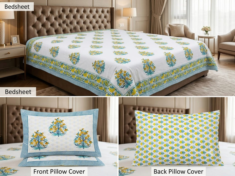 Handblock Cotton Bedsheet Set - Super King Size ( 108*108  inches)