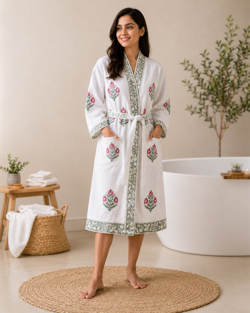 HandBlock Printing Waffle Cotton Bathrobe