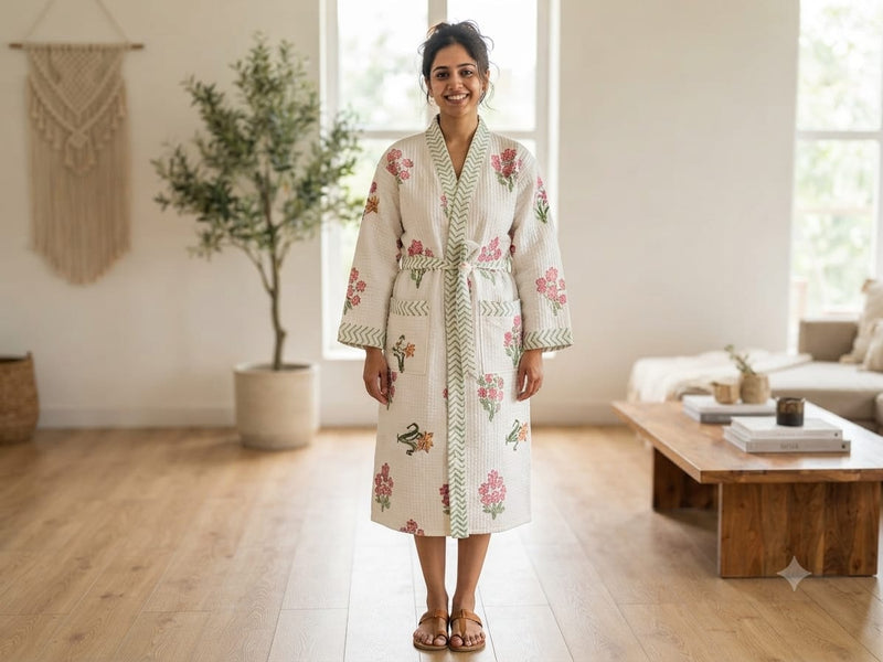 Handblock Printing Waffle Cotton Bathrobe